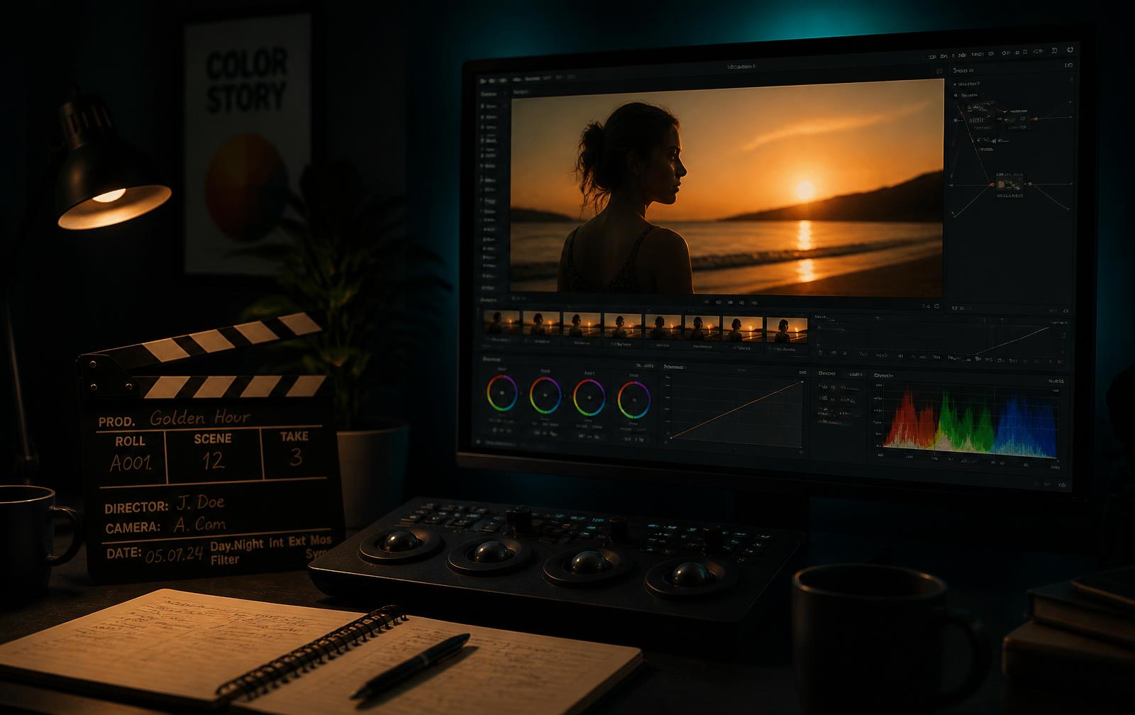 Color grading suite with a film frame on screen and a clapperboard on the desk
